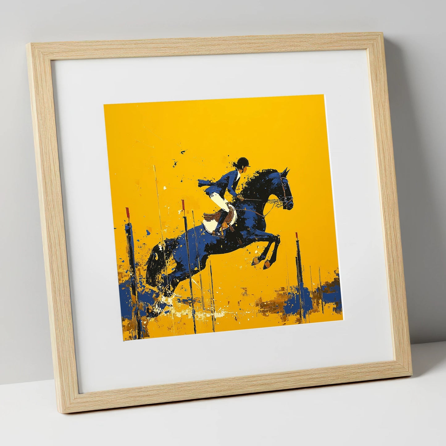 Airborne in Ochre show jumping horse art print in natural frame