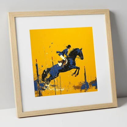 Airborne in Ochre show jumping horse art print in natural frame
