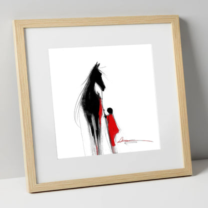 Crimson Connection horse & rider art print in natural frame