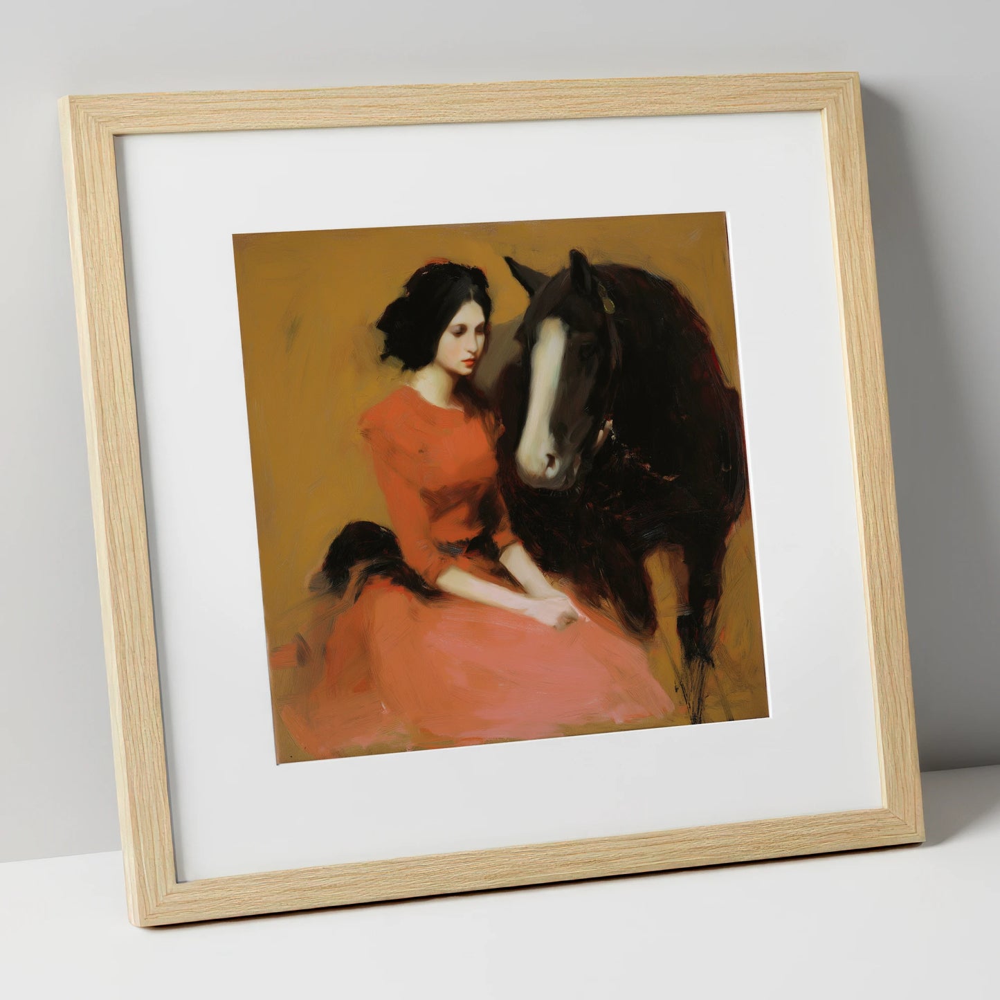 The Silent Bond horse & rider art print in natural frame