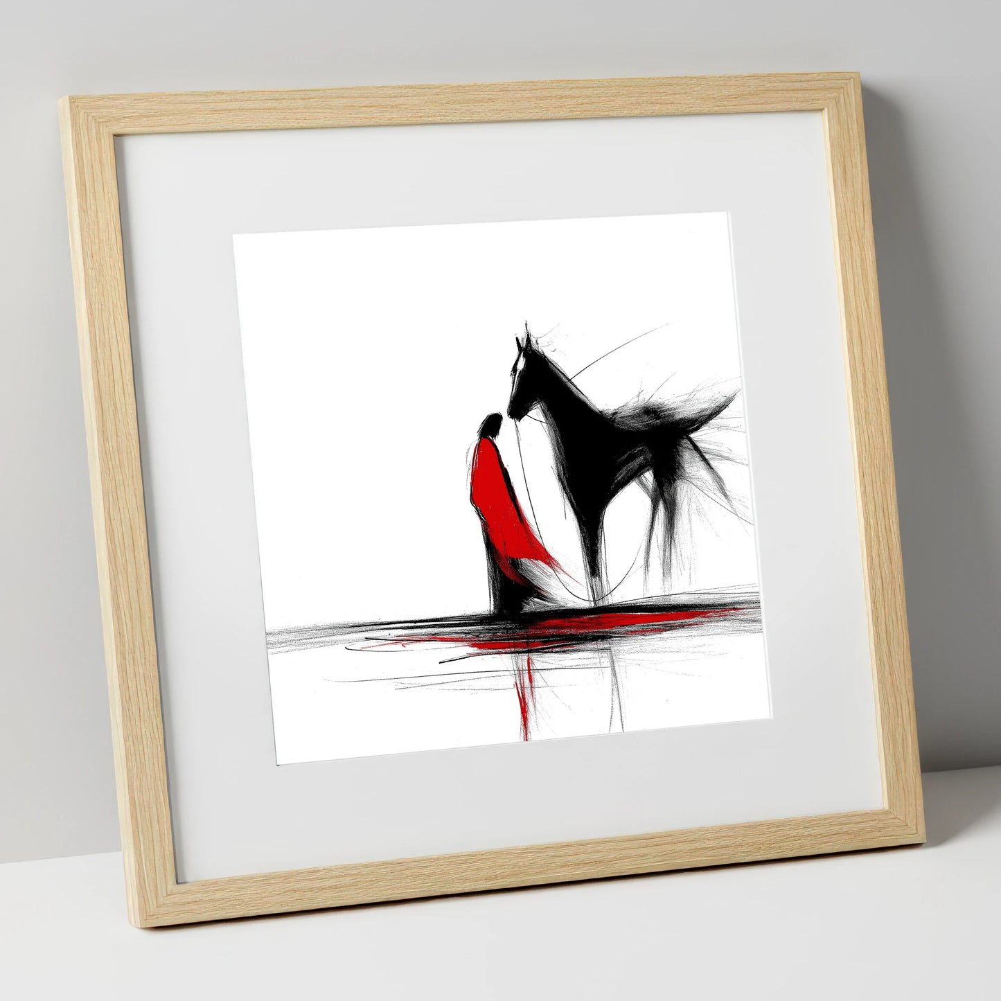 Crimson Connection horse & rider art print in natural frame