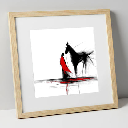 Crimson Connection horse & rider art print in natural frame