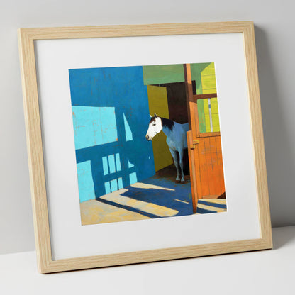 Sunlight on the Yard horse stable art print in natural frame