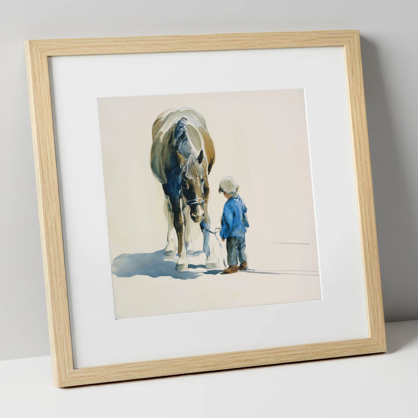 Quiet Understanding horse & rider art print in natural frame