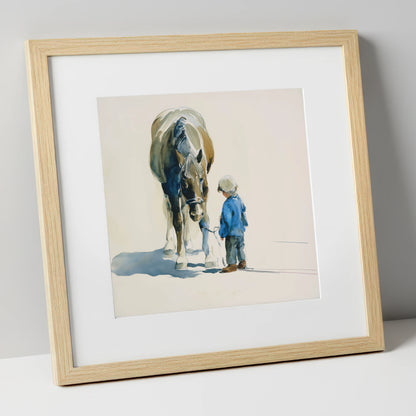 Quiet Understanding horse & rider art print in natural frame