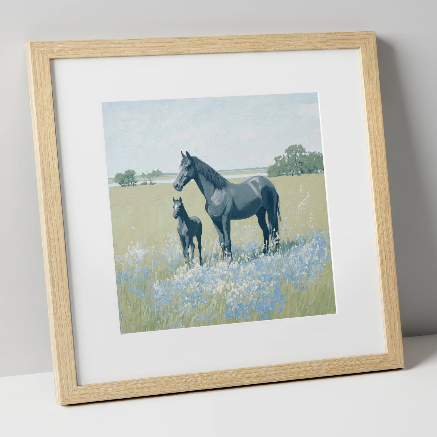 Slate Grey Summer Pasture mare & foal art print in natural frame