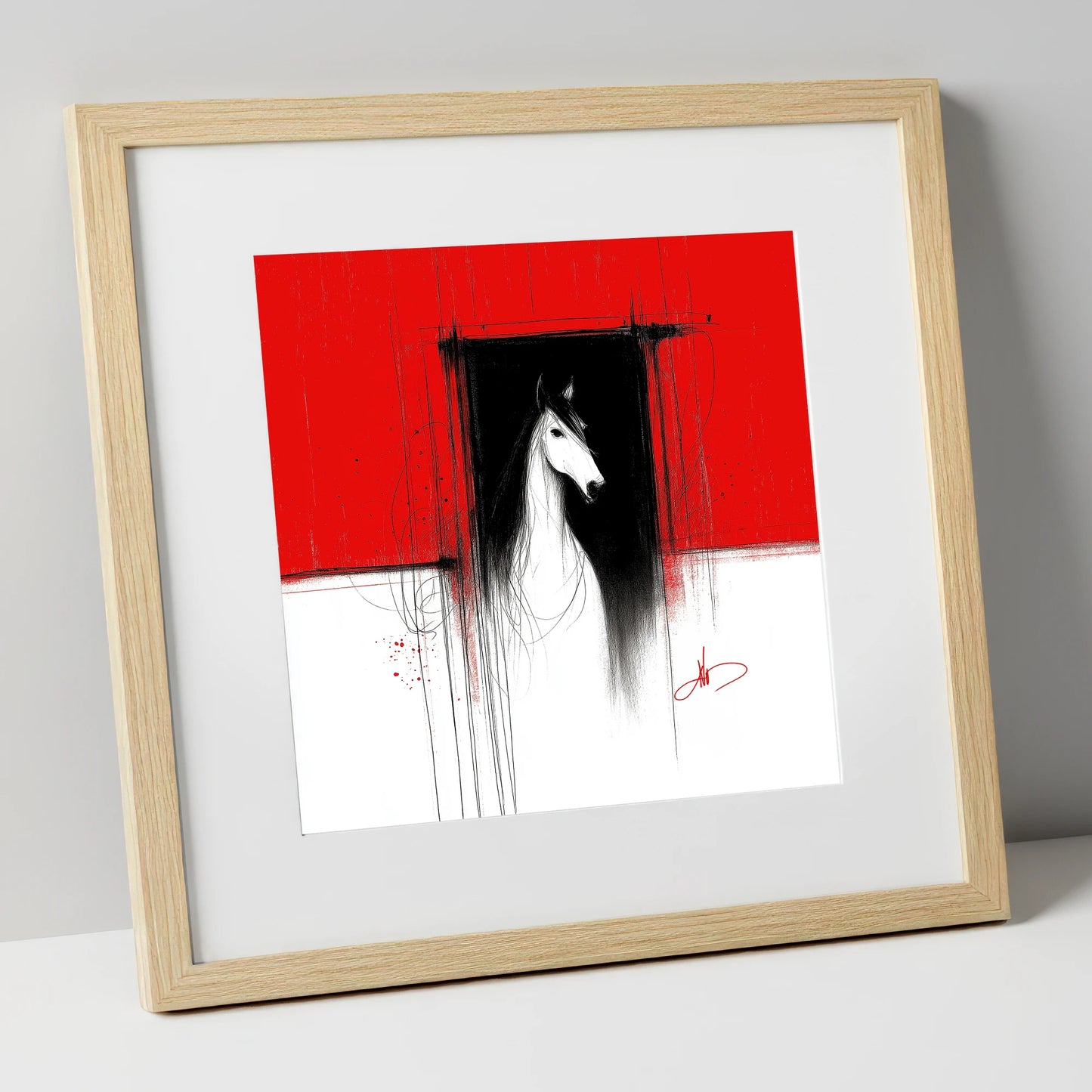 The Crimson Doorway horse stable art print in natural frame