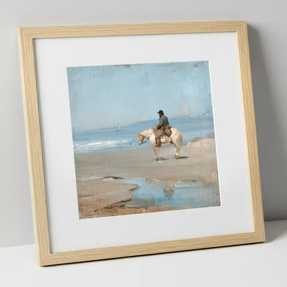 Coastal Hack at Low Tide horse landscape art print in natural frame