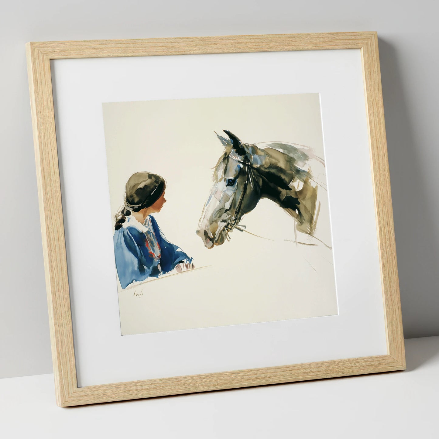 A Shared Silence horse & rider art print in natural frame