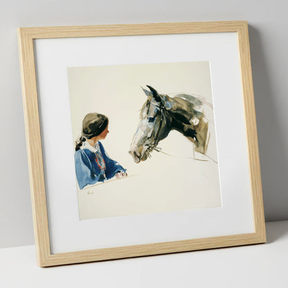 A Shared Silence horse & rider art print in natural frame