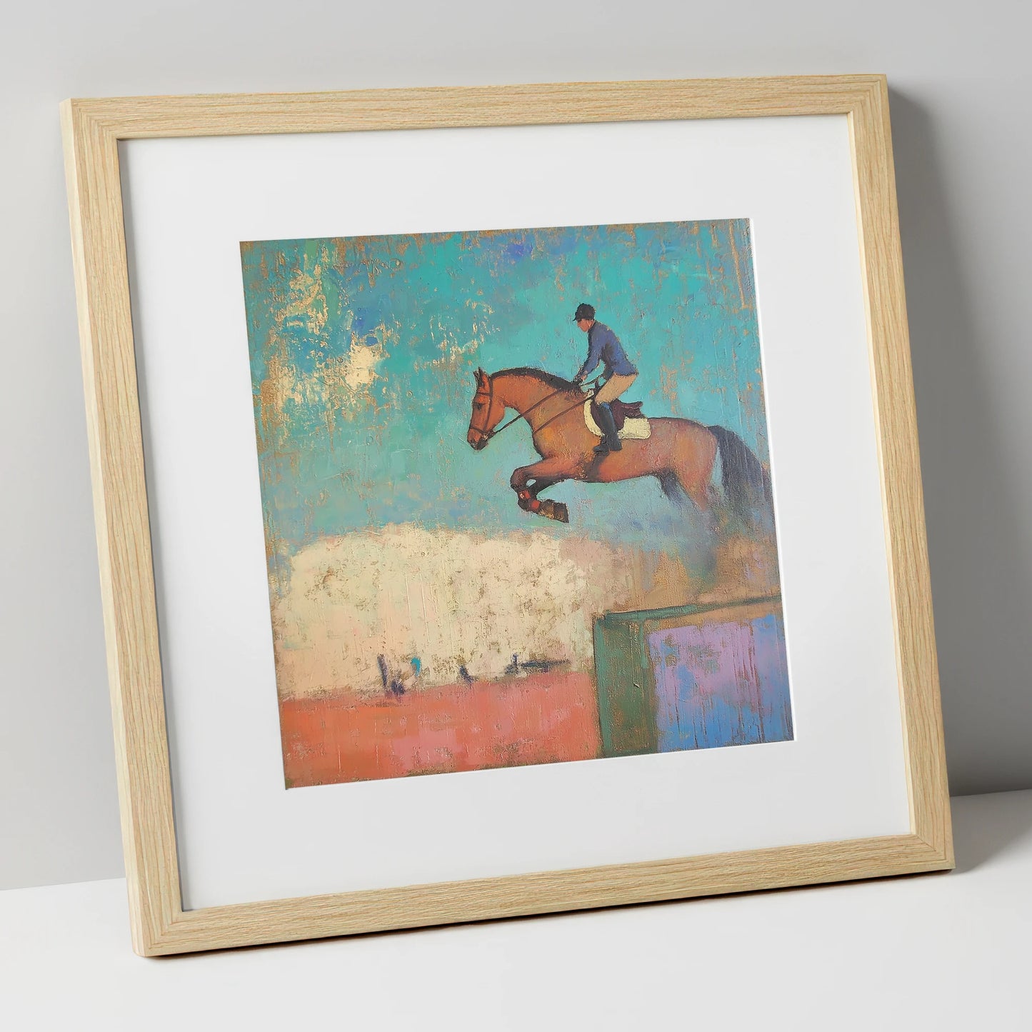 Taking Flight show jumping horse art print in natural frame