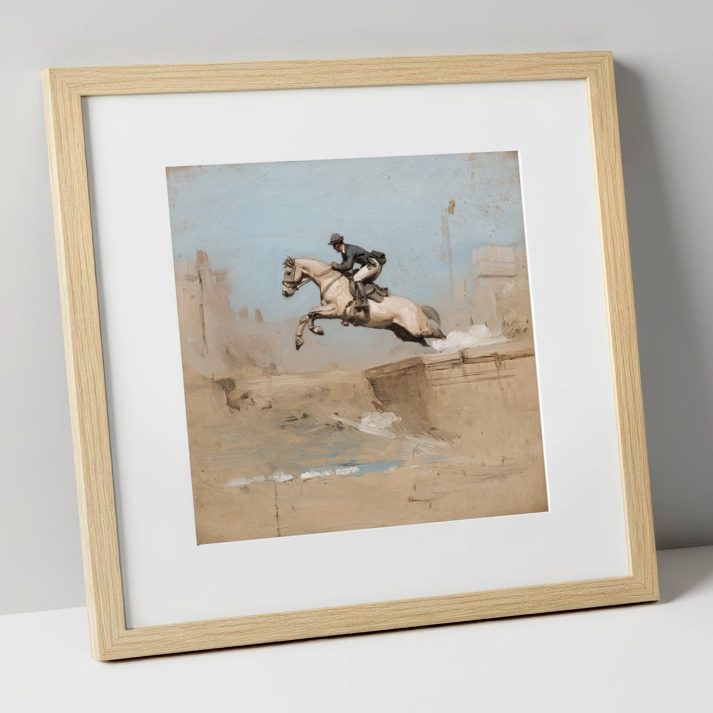 Clearing the Bank show jumping horse art print in natural frame