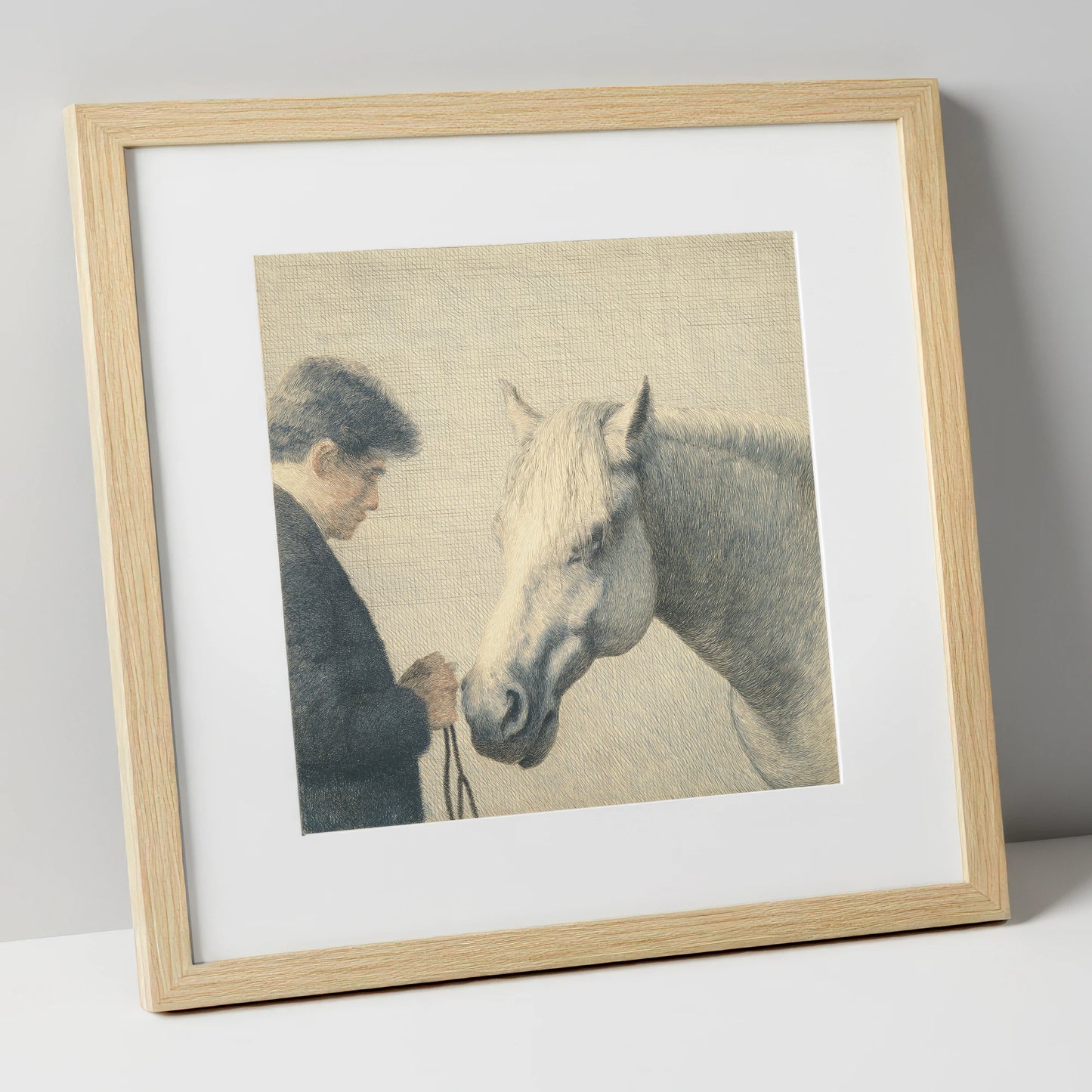 The Quiet Bond horse & rider art print in natural frame
