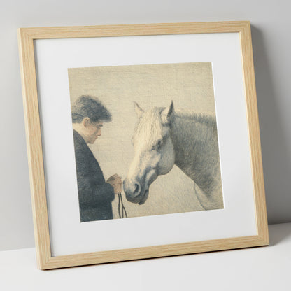 The Quiet Bond horse & rider art print in natural frame