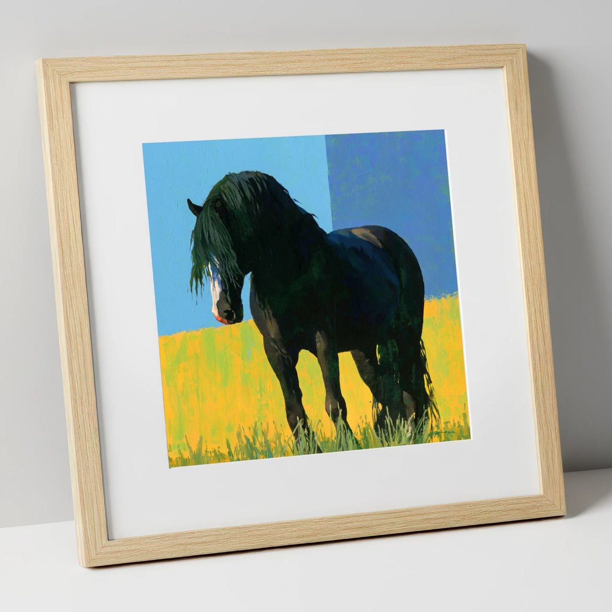 Black Cob in Yellow Field horse breed art print in natural frame