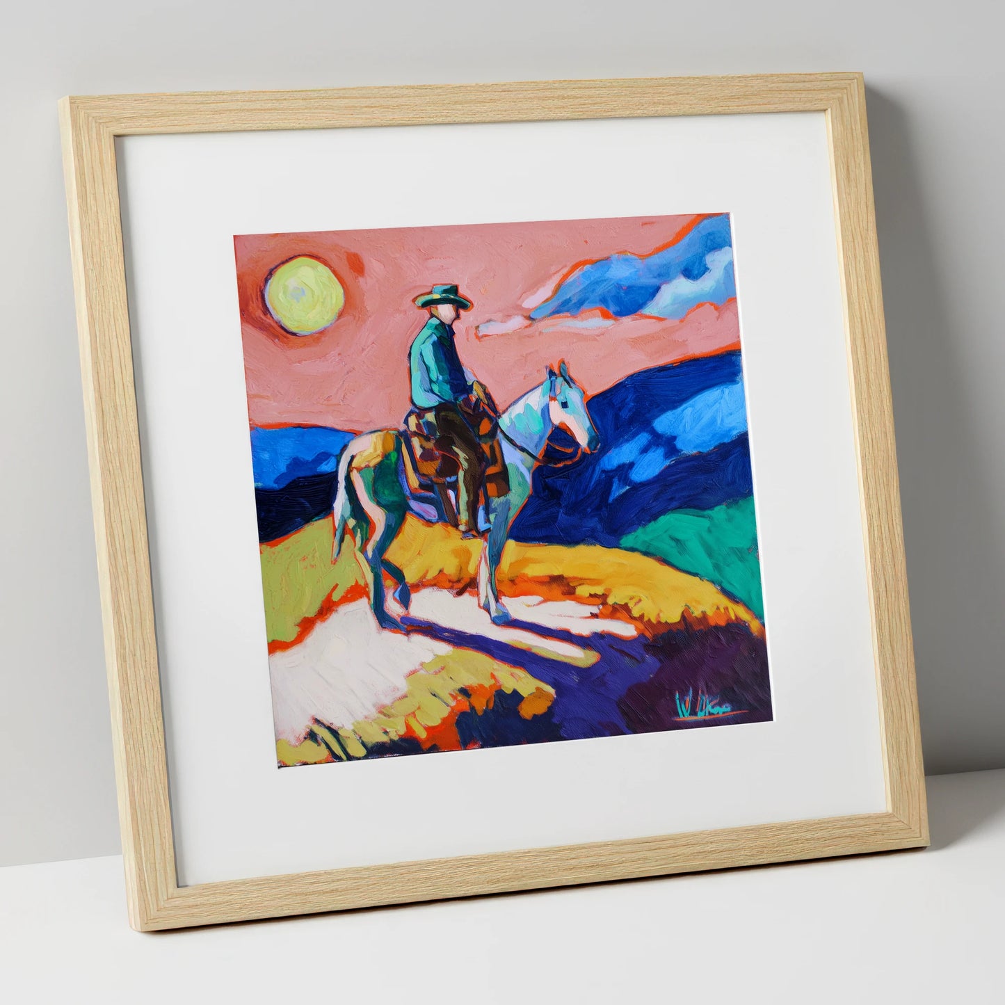 Technicolour Trail Rider western horse art print in natural frame