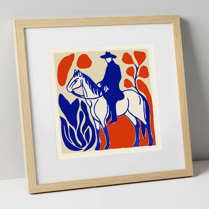 The Cobalt Western Rider western horse art print in natural frame