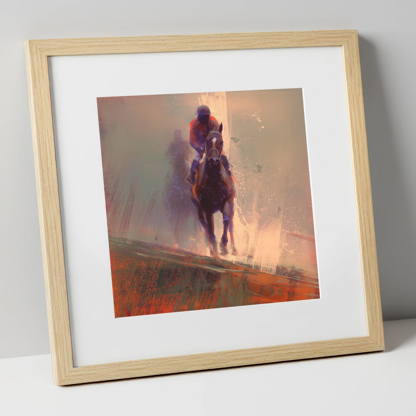 Surging Forward racing horse art print in natural frame