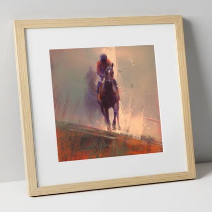 Surging Forward racing horse art print in natural frame