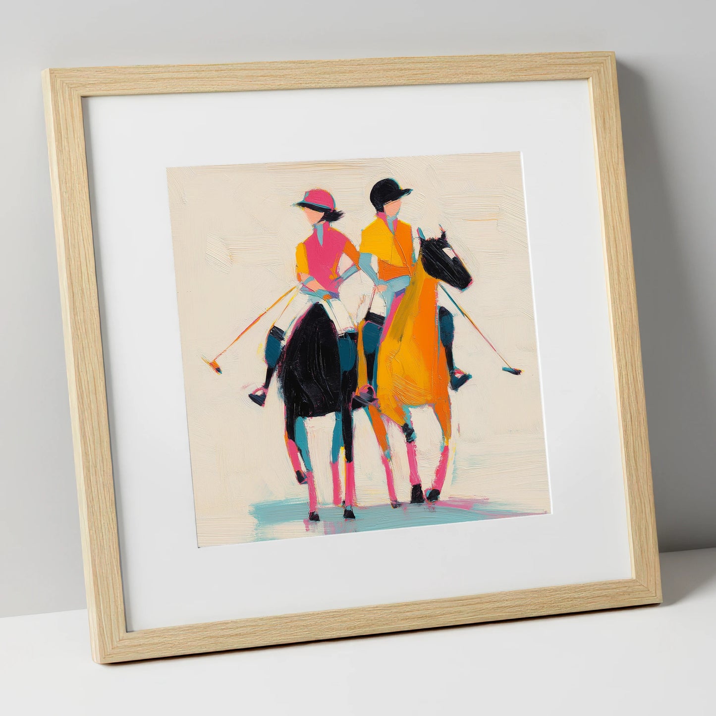 High Goal Hues polo horse art print in natural frame