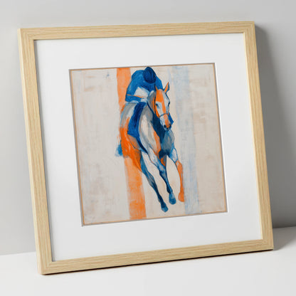 Velocity in Blue racing horse art print in natural frame