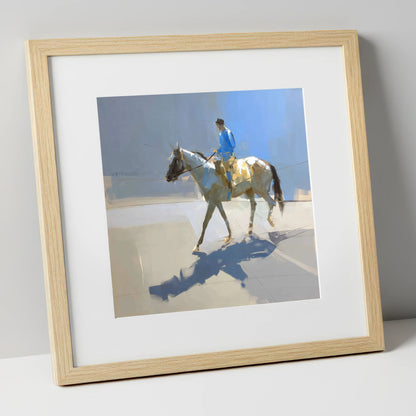 Morning in Blue Silks racing horse art print in natural frame