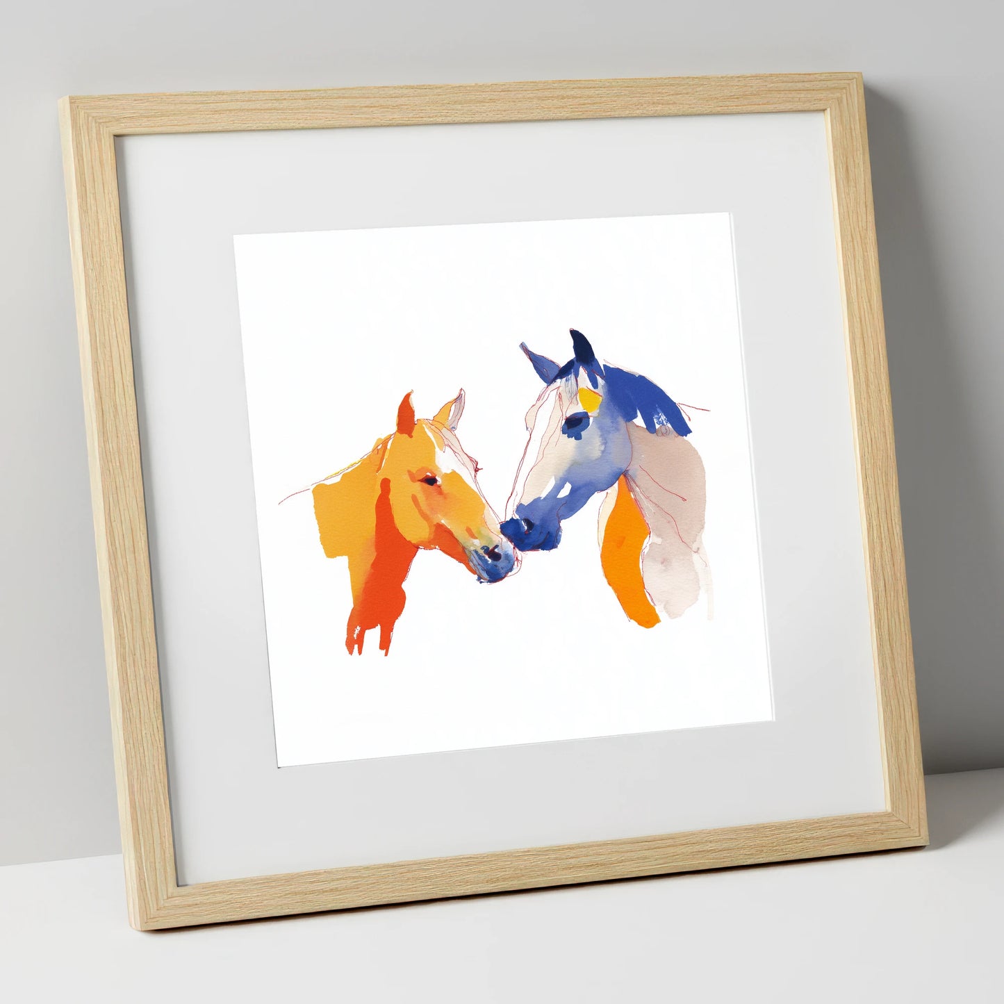Vibrant Equine Bond horse portrait art print in natural frame