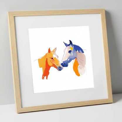 Vibrant Equine Bond horse portrait art print in natural frame
