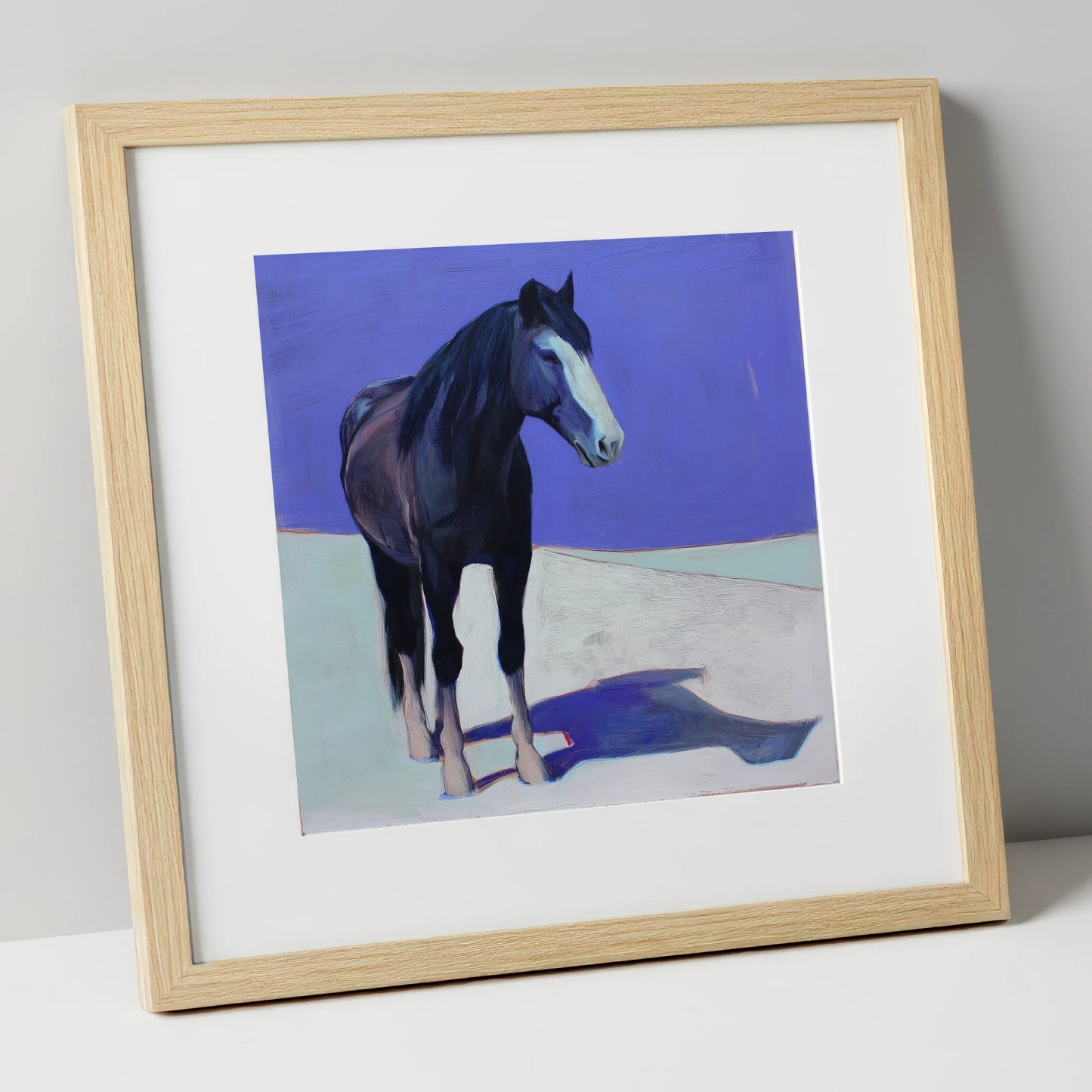 Indigo Solitude horse portrait art print in natural frame