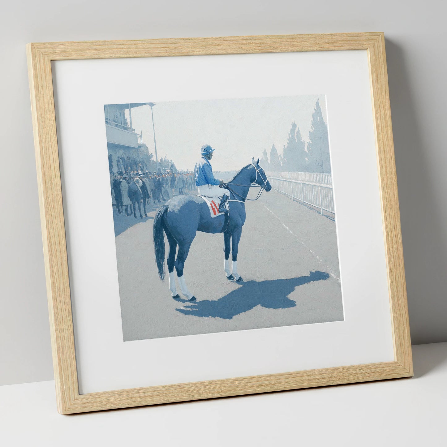 Waiting at the Rails racing horse art print in natural frame