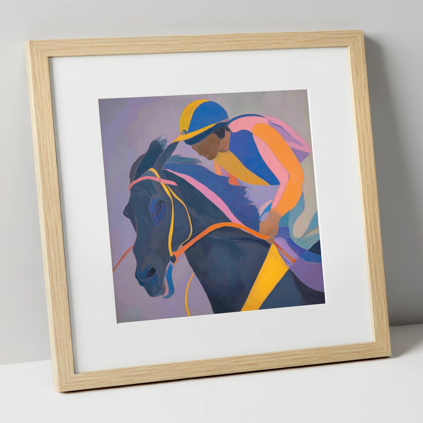 Dynamic Silks racing horse art print in natural frame