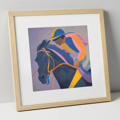 Dynamic Silks racing horse art print in natural frame