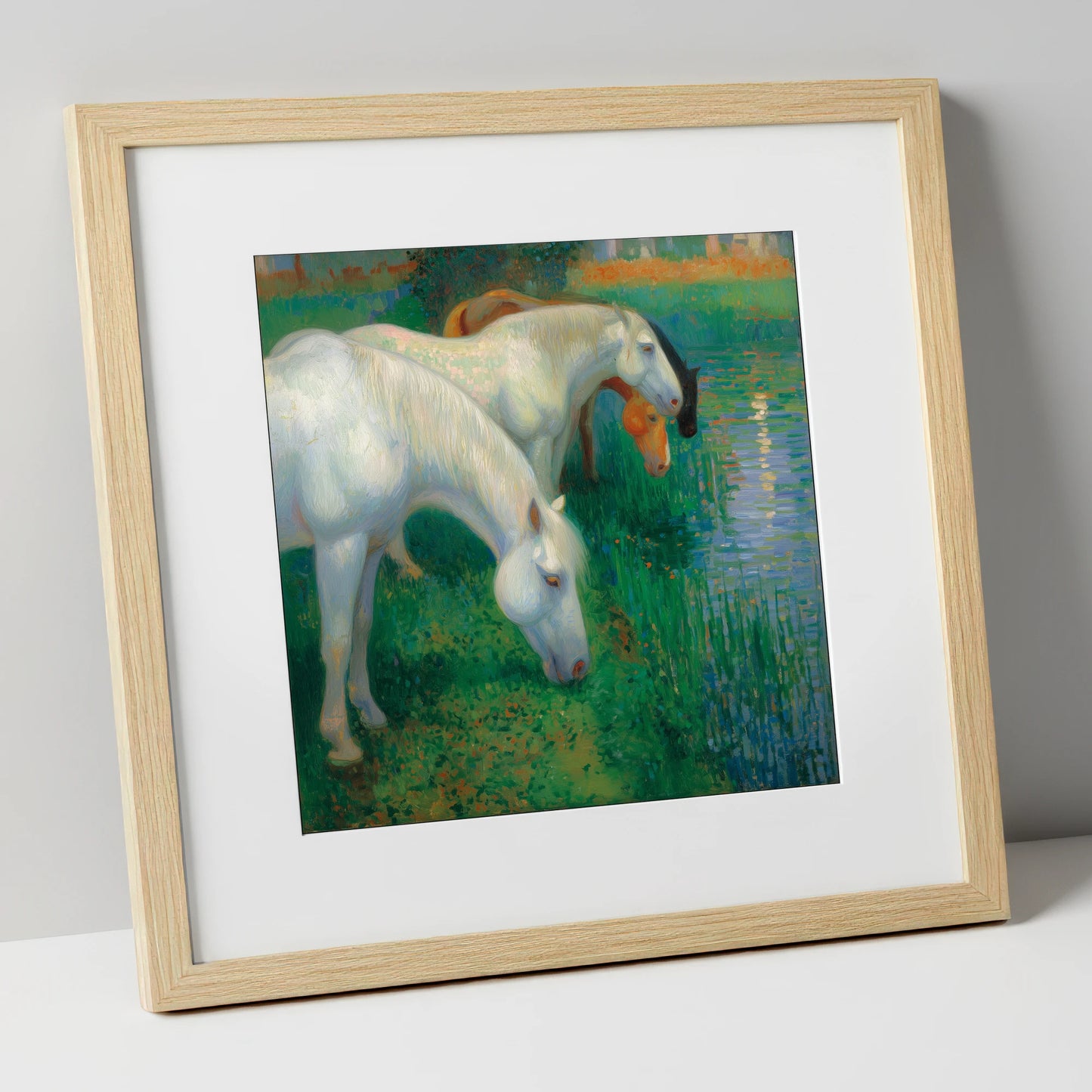 Luminous Riverside Grazing horse landscape art print in natural frame