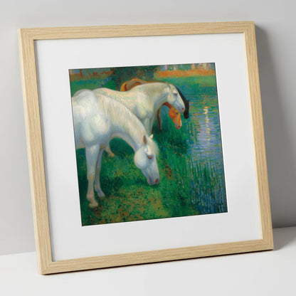Luminous Riverside Grazing horse landscape art print in natural frame