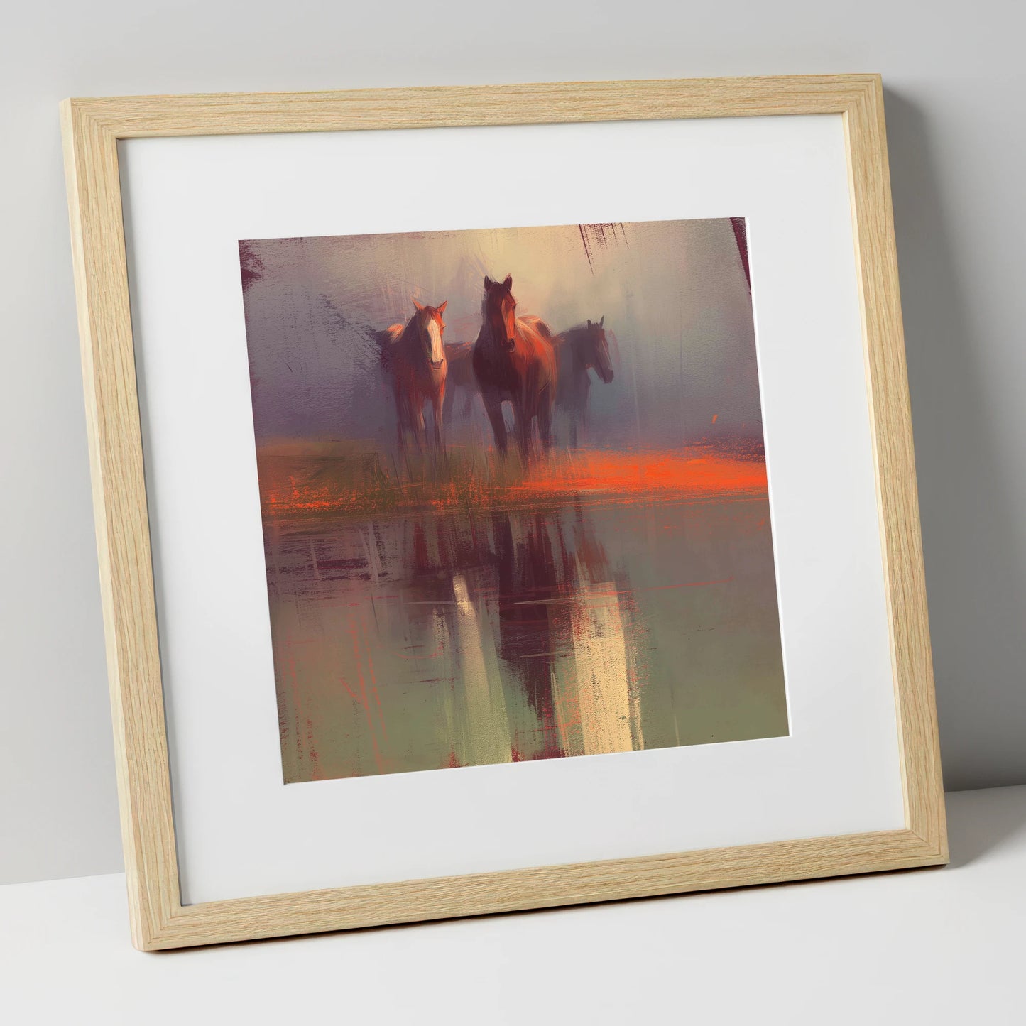 Ember Reflections wild horses art print in natural frame