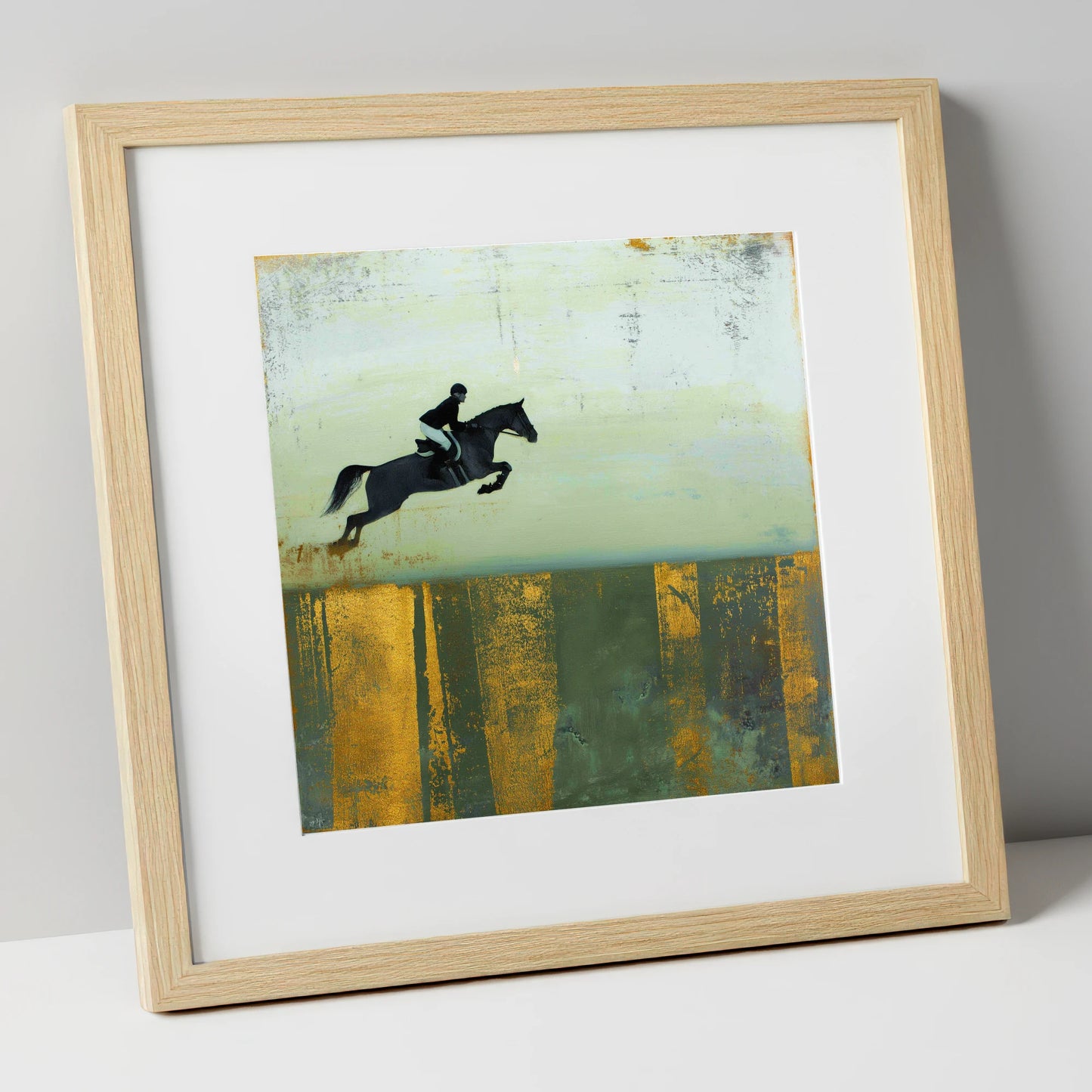 Gilded Flight show jumping horse art print in natural frame