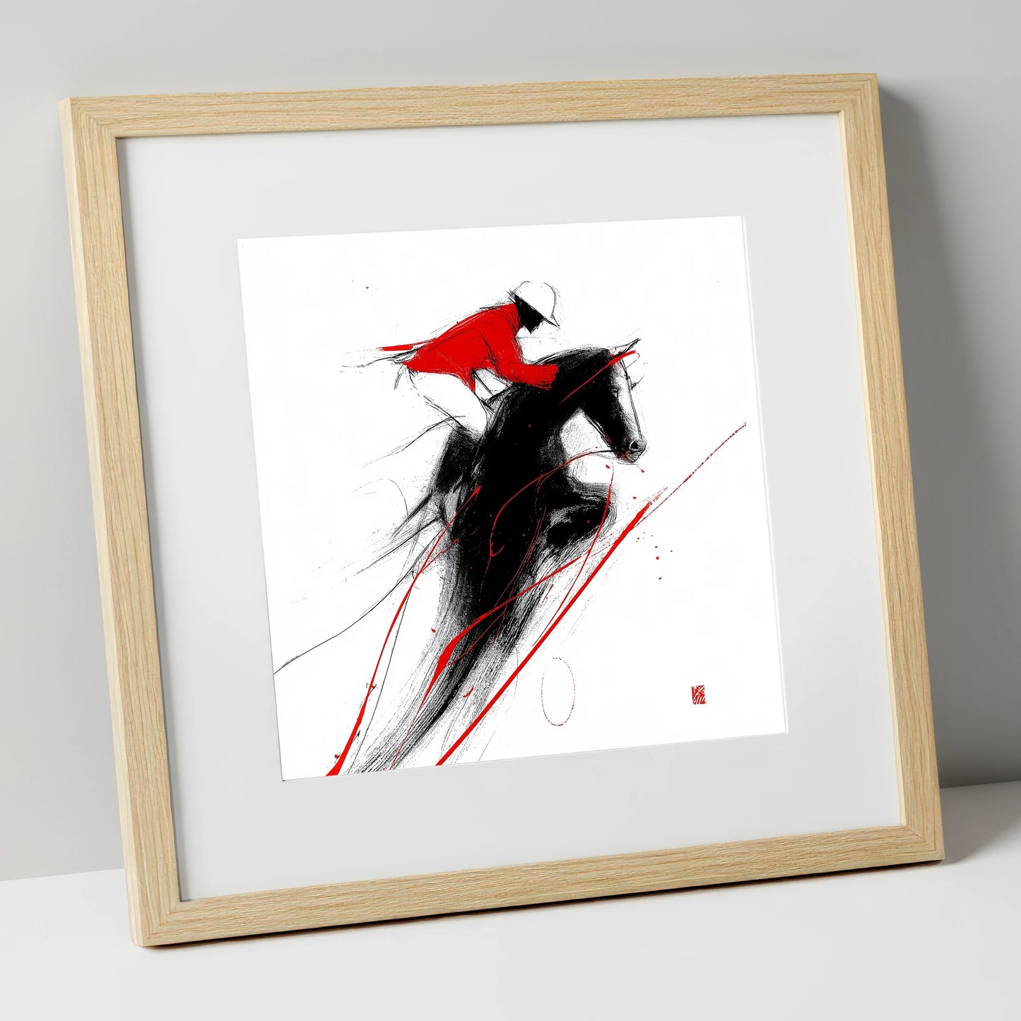 Flight in Crimson show jumping horse art print in natural frame