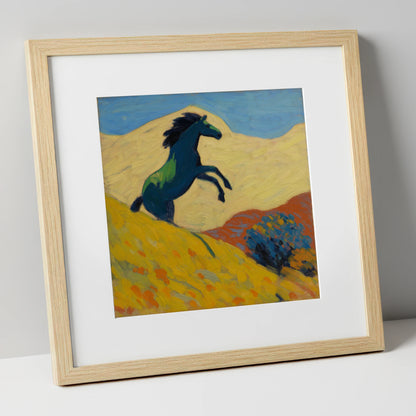 Rearing Indigo wild horses art print in natural frame