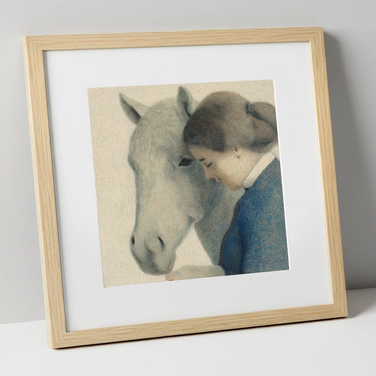 The Silent Understanding horse & rider art print in natural frame