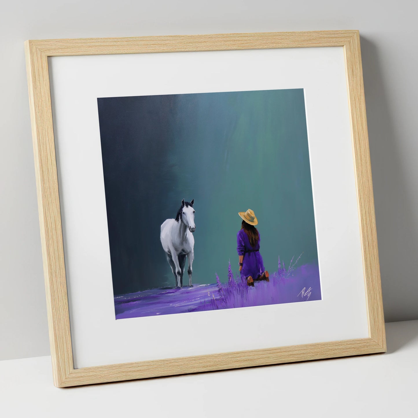Silent Communion horse & rider art print in natural frame