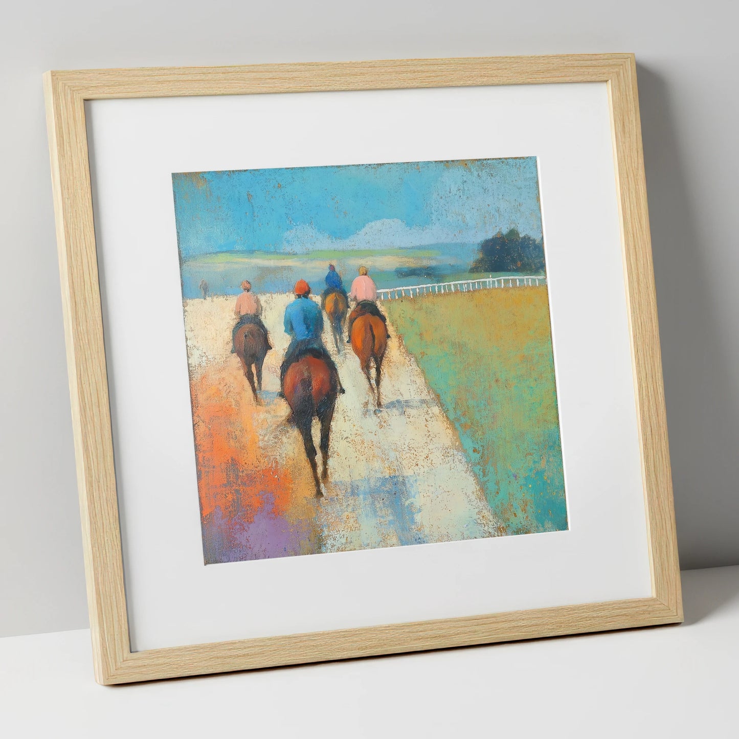 The Morning String racing horse art print in natural frame