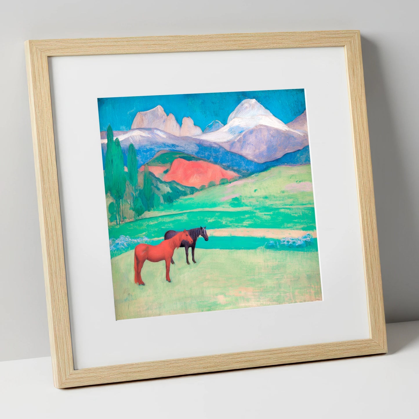 Crimson Mountain Companions horse landscape art print in natural frame