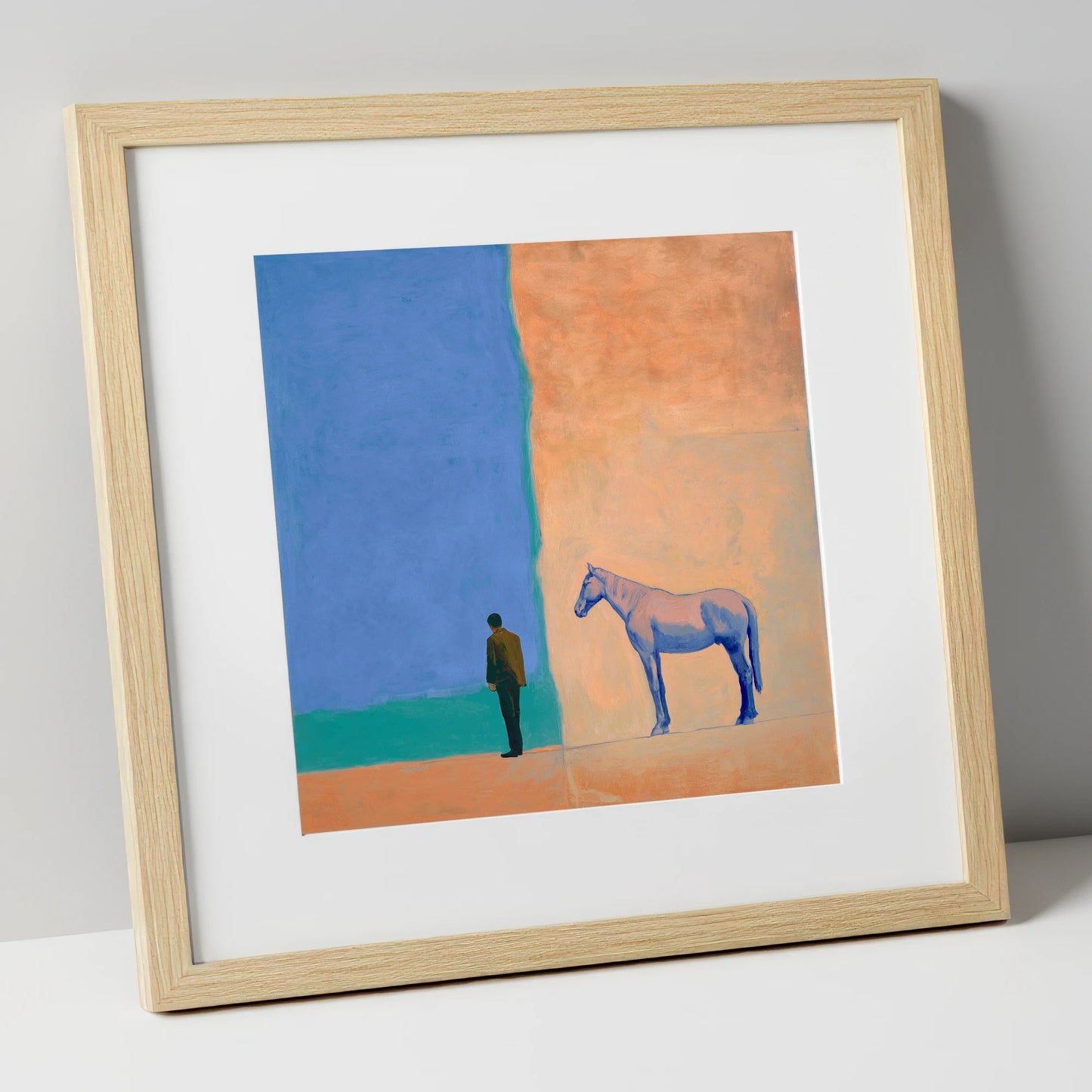 Between Blue and Sand horse & rider art print in natural frame
