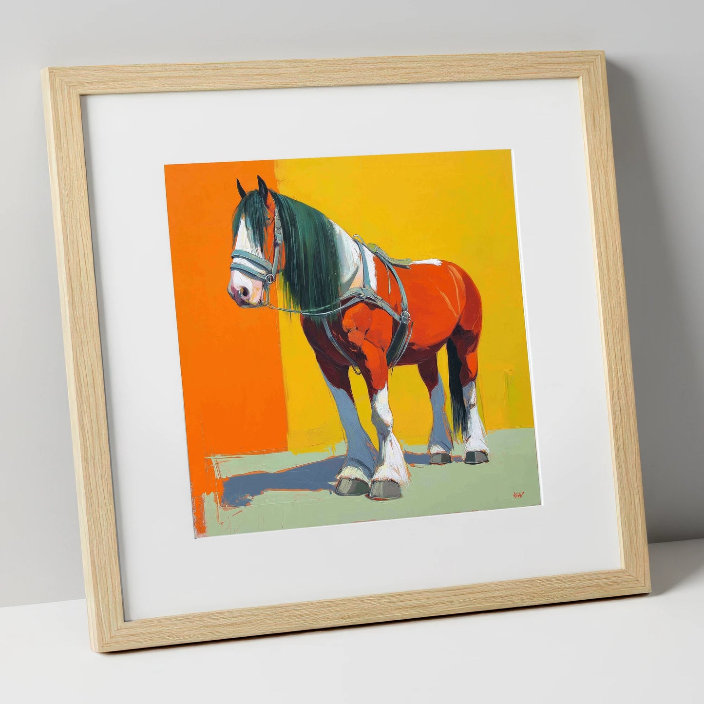 The Vibrant Draught horse breed art print in natural frame