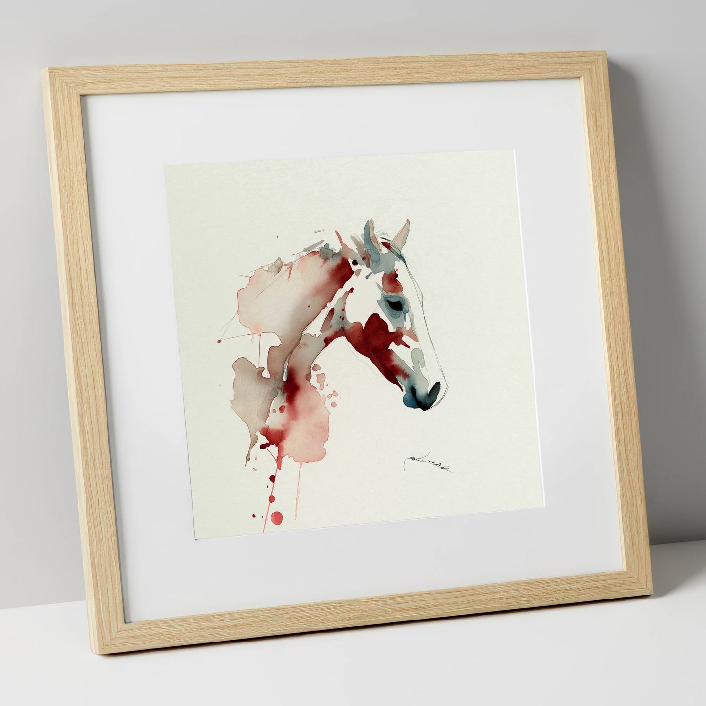 Crimson Spirit horse breed art print in natural frame