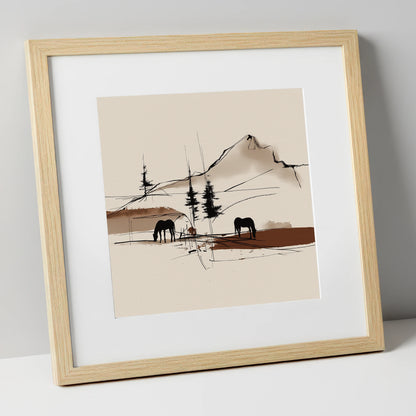 Mountain Pasture Silhouettes horse landscape art print in natural frame