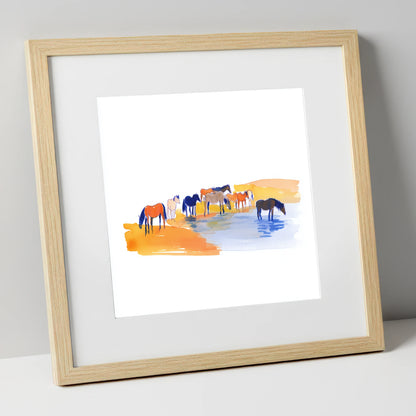 Oasis Gathering wild horses art print in natural frame