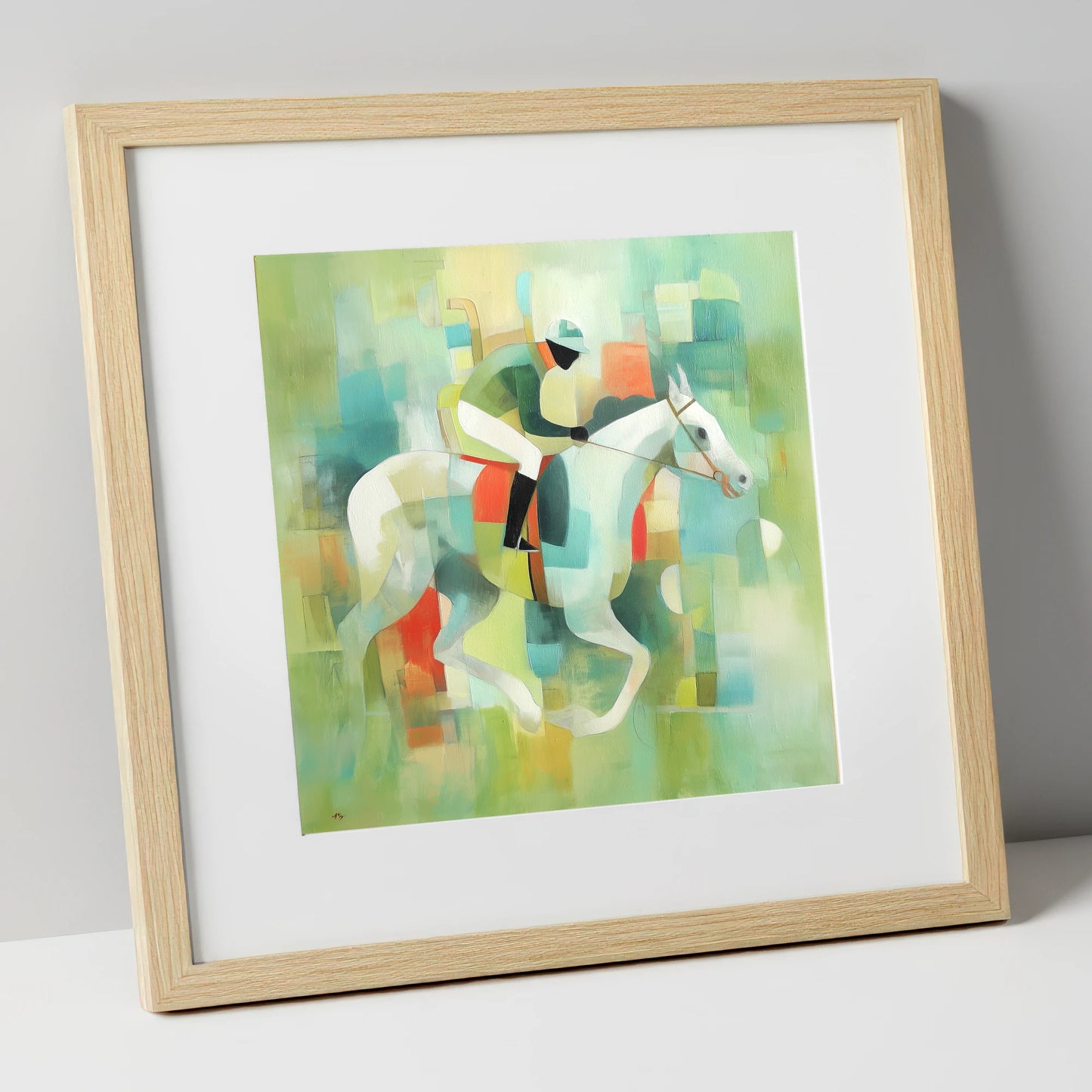 Structured Stride racing horse art print in natural frame