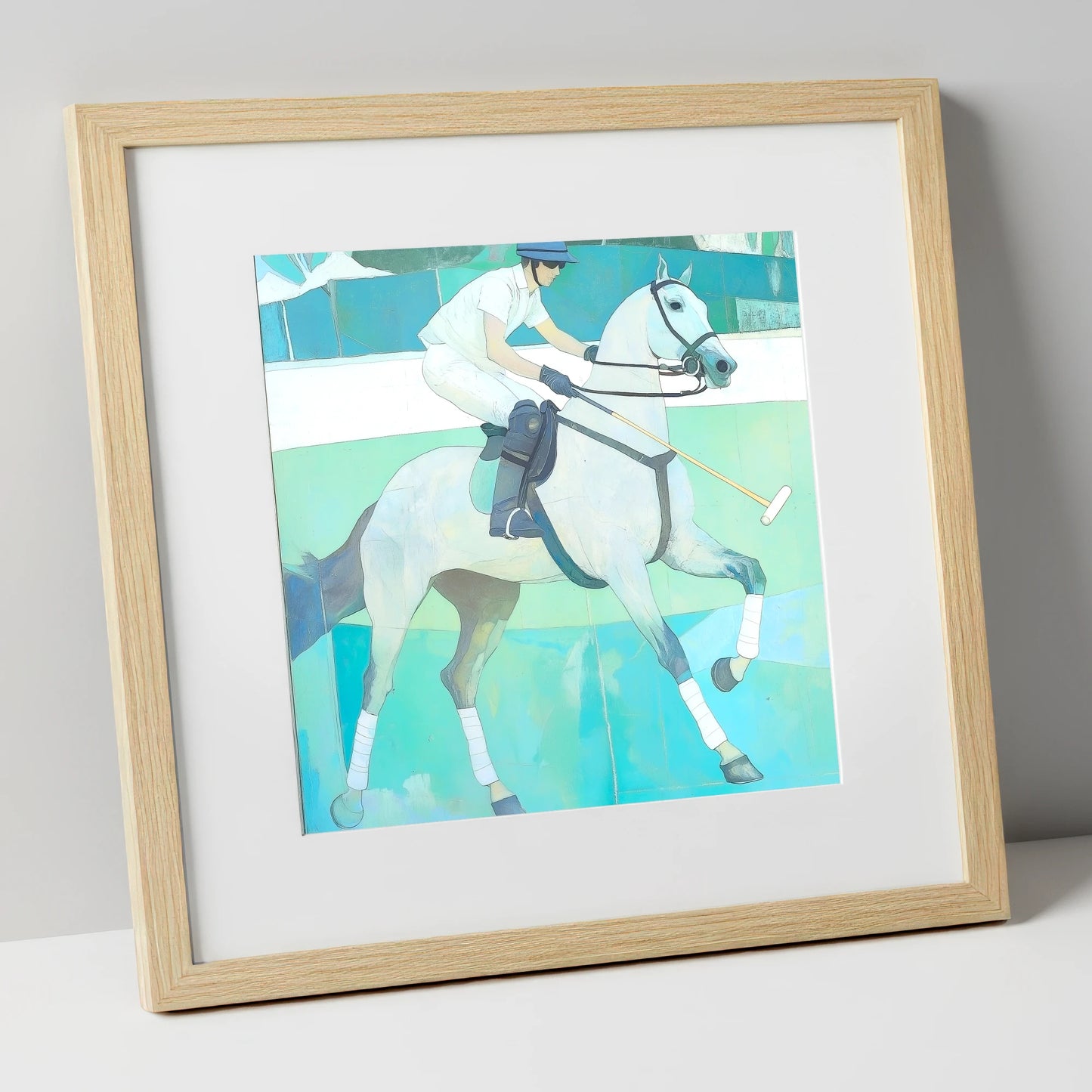 The Serene Chukka polo horse art print in natural frame