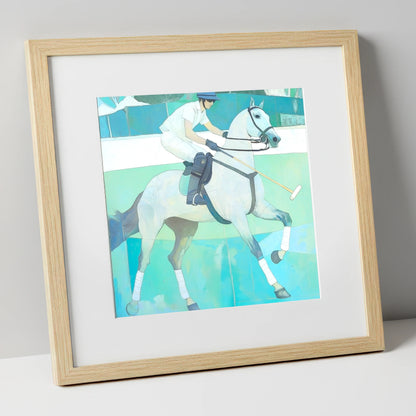The Serene Chukka polo horse art print in natural frame
